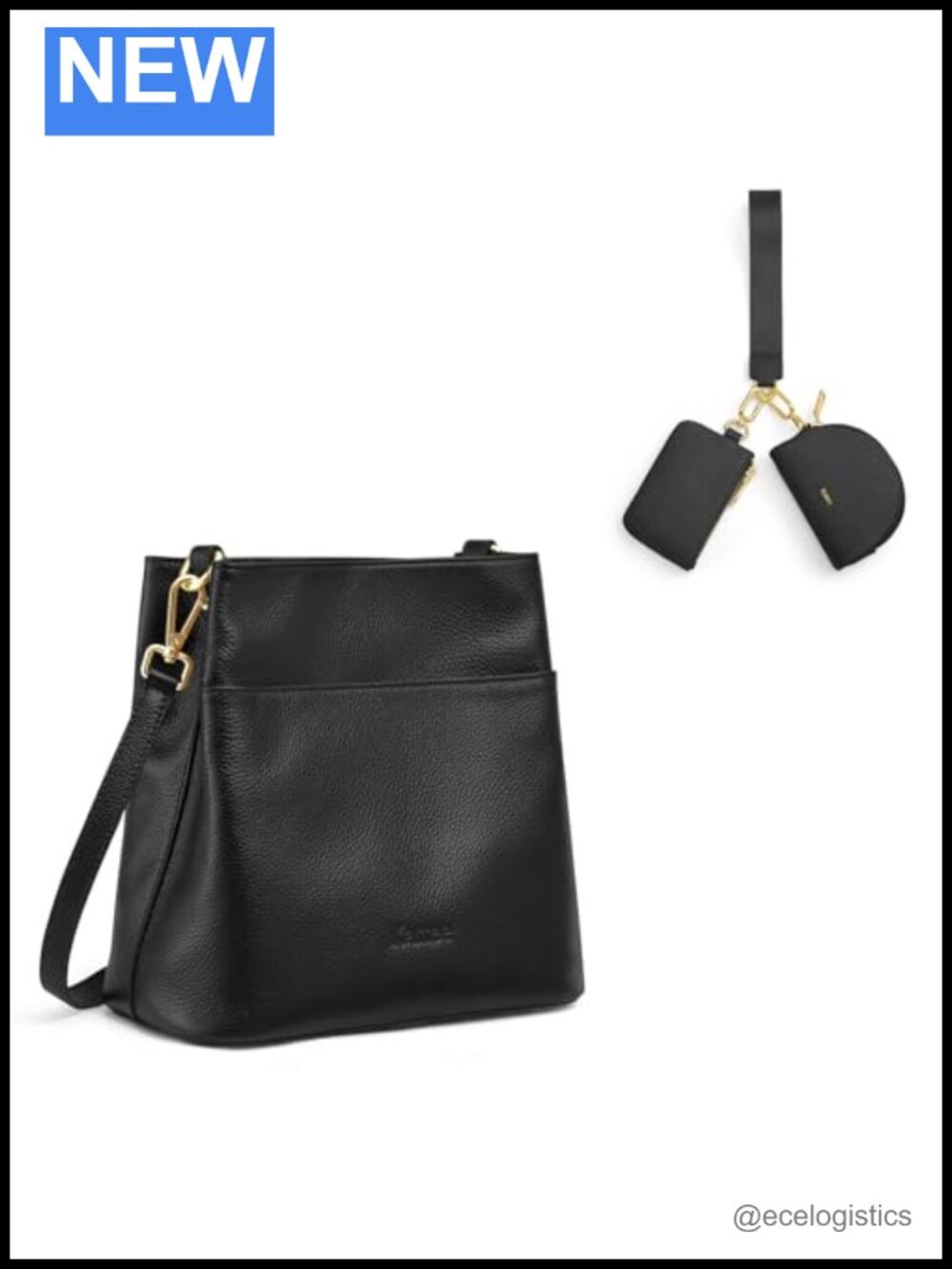 Leather Bucket Bag with 2 Pouch Wristlet Wallet Set
